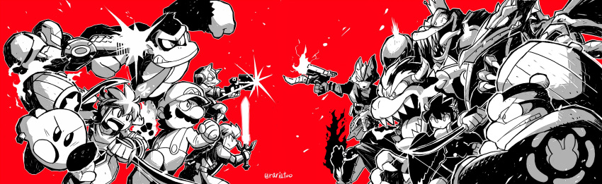 1girl 6+boys absurdres aiming arm_cannon artist_name battle bloodshot_eyes bowser boxing_gloves burning_hand claws clenched_hands crown dark_pit donkey_kong donkey_kong_(series) dual_wielding eyepatch facial_hair fangs flaming_weapon fox_mccloud ganondorf gloves glowing glowing_hand glowing_sword glowing_weapon gun hammer handgun highres holding horns kid_icarus kid_icarus_uprising king_dedede king_k._rool kirby kirby_(series) link mario super_mario_bros. master_sword metroid monochrome multiple_boys mustache necktie nintendo open_mouth overalls pit_(kid_icarus) rariatto_(ganguri) red_background ridley samus_aran scouter star_fox super_mario_bros. super_smash_bros. super_smash_bros._ultimate the_legend_of_zelda tongue tongue_out varia_suit weapon wolf_o'donnell