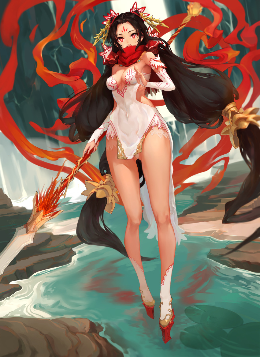 1girl absurdres bare_shoulders black_hair breasts china_dress chinese_clothes cleavage dress earrings facial_mark forehead_mark hair_ribbon highres jewelry kokage_no_shita nature nezha original polearm ribbon river side_slit soles spear star star-shaped_pupils symbol-shaped_pupils water waterfall weapon