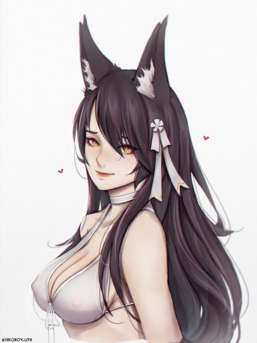 1girl absurdres animal_ears atago_(azur_lane) azur_lane bangs bikini_top black_hair breasts choker cleavage erect_nipples front-tie_bikini front-tie_top grey_background heart highres huge_filesize liya_nikorov long_hair looking_at_viewer mole mole_under_eye solo swept_bangs twitter_username white_bikini_top white_choker yellow_eyes