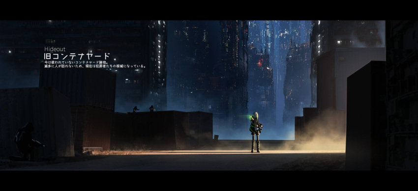 1girl 3others asuteroid boots building city_lights dust_cloud gun highres iz_(asuteroid) long_hair multiple_others neon_lights neon_trim night original outdoors scenery solo standing weapon white_hair