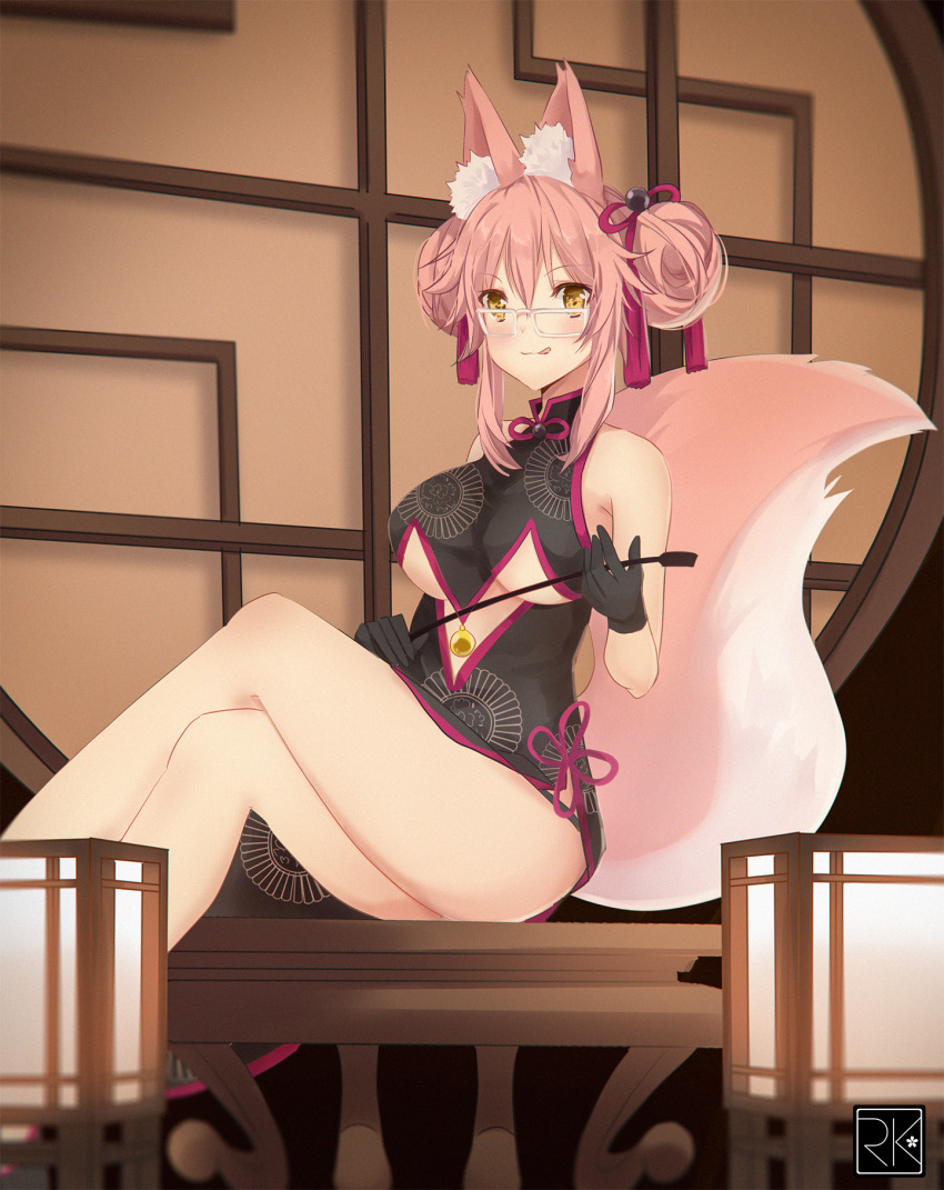 1girl alternate_hairstyle animal_ears bare_shoulders black_gloves blush breasts china_dress chinese_clothes dress fate/grand_order fate_(series) fox_ears fox_tail glasses gloves highres indoors k-rumi koyanskaya large_breasts looking_at_viewer pink_hair sitting sitting_on_table sleeveless smile solo tail tamamo_(fate)_(all) tongue tongue_out under_boob yellow_eyes