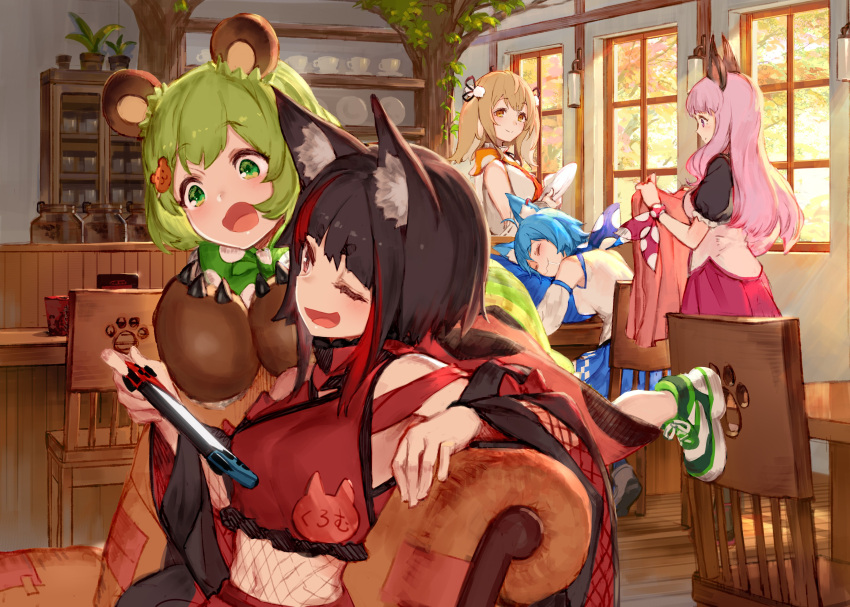 5girls :3 :d absurdres animal_ear_fluff animal_ears armchair bare_shoulders bear_ears bear_hair_ornament black_hair blanket blonde_hair brown_eyes chair closed_eyes commentary_request cup cutlery detached_sleeves eyebrows_visible_through_hair fox_ears gloves green_eyes green_hair hair_ornament hairclip haneru_channel haneru_inaba highres hinokuma_ran holding inari_kuromu indoors izumi_sai japanese_clothes kimono long_hair long_sleeves multicolored_hair multiple_girls nintendo_switch one_eye_closed open_mouth paw_gloves paw_print paws pink_hair plant plate potted_plant puffy_short_sleeves puffy_sleeves red_eyes red_kimono red_skirt sailor_collar saliva shoes short_sleeves sitting skirt sleeping smile smug sneakers souya_ichika streaked_hair teacup thick_eyebrows tray umori_hinako vest white_vest window