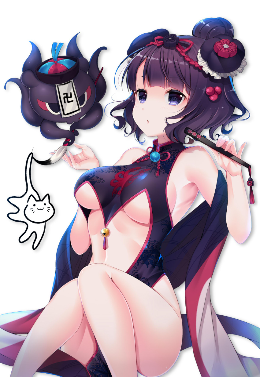 1girl animal bangs bare_legs bare_shoulders bell black_dress breasts calligraphy_brush china_dress chinese_clothes closed_fan commentary_request cosplay dress eyebrows_visible_through_hair fan fate/grand_order fate_(series) folding_fan hair_bun hair_ornament hands_up highres holding holding_fan holding_paintbrush jingle_bell katsushika_hokusai_(fate/grand_order) knees_together_feet_apart ko_yu koyanskaya koyanskaya_(cosplay) long_sleeves looking_at_viewer medium_breasts octopus paintbrush parted_lips pelvic_curtain purple_hair simple_background sitting sleeveless sleeveless_dress tamamo_(assassin)_(fate) tamamo_(fate)_(all) tokitarou_(fate/grand_order) violet_eyes white_background