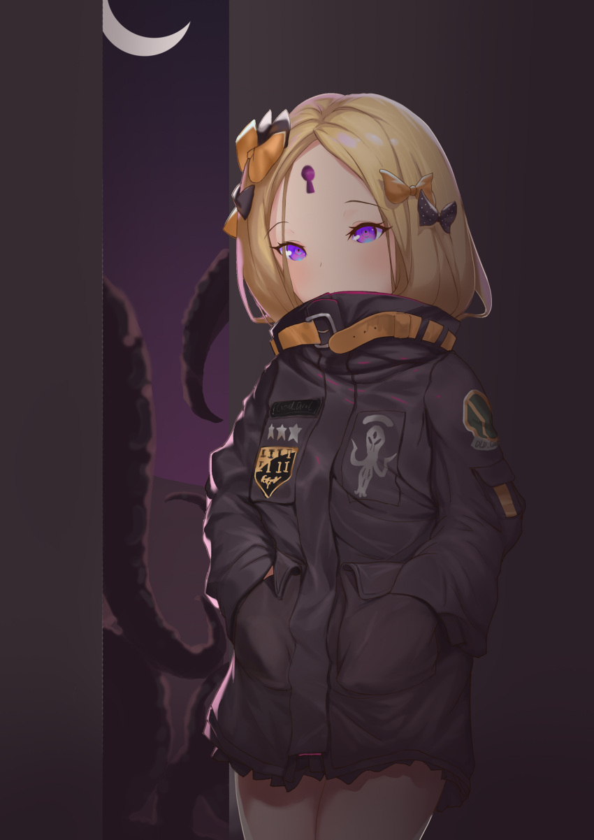 1girl abigail_williams_(fate/grand_order) absurdres bangs belt black_bow black_jacket blonde_hair blush bow crescent_moon fate/grand_order fate_(series) forehead hair_bow hands_in_pockets heroic_spirit_traveling_outfit high_collar highres hips jacket keyhole long_hair long_sleeves looking_at_viewer moon orange_bow parted_bangs polka_dot polka_dot_bow shinkuwauri solo tentacle thighs violet_eyes