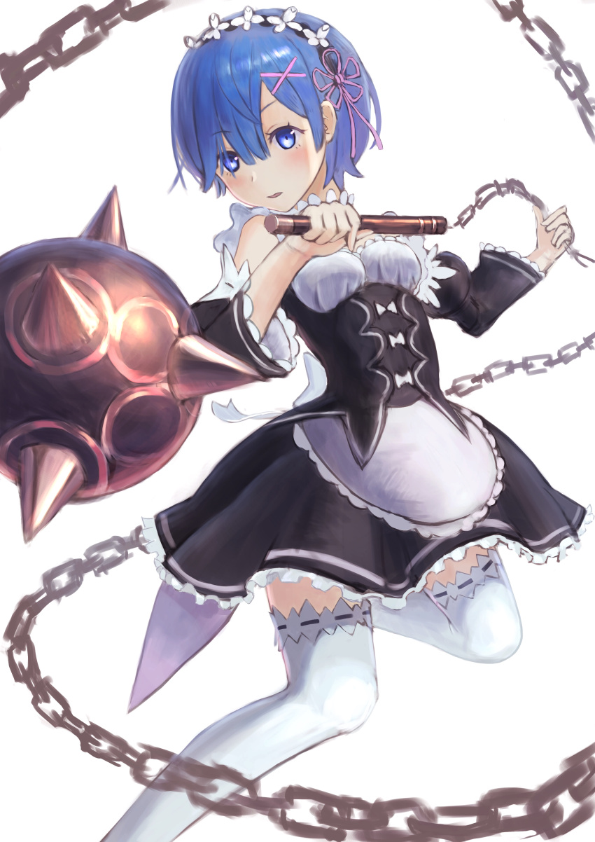 1girl absurdres apron bangs black_skirt black_sleeves blue_eyes blue_hair blush breasts chains corset detached_sleeves eyebrows_visible_through_hair flail flower frilled_apron frilled_skirt frilled_sleeves frills grey_apron hair_between_eyes hair_flower hair_ornament hair_ribbon head_wreath highres holding holding_weapon looking_at_viewer miniskirt morning_star open_mouth pink_ribbon re:zero_kara_hajimeru_isekai_seikatsu rem_(re:zero) ribbon ribbon-trimmed_legwear ribbon_trim shiny shiny_hair short_hair simple_background skirt small_breasts solo thigh-highs waist_apron weapon white_background white_flower white_legwear x_hair_ornament yorishiem