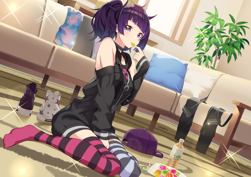 1girl ahoge bangs bare_shoulders between_legs black_choker black_dress black_footwear blunt_bangs bottle breasts candy candy_wrapper choker commentary_request couch day dress dutch_angle food glint hand_up hat hat_removed headwear_removed idolmaster idolmaster_shiny_colors indoors long_hair long_sleeves looking_at_viewer mismatched_footwear mismatched_legwear mouth_hold off-shoulder_dress off_shoulder peaked_cap pillow pink_legwear plant potted_plant purple_hair shirt shoes shoes_removed sidelocks sitting sleeves_past_wrists small_breasts solo star star_print striped striped_legwear striped_shirt tanaka_mamimi thigh-highs tomato_(madanai_the_cat) twintails undershirt violet_eyes wariza white_footwear white_legwear window