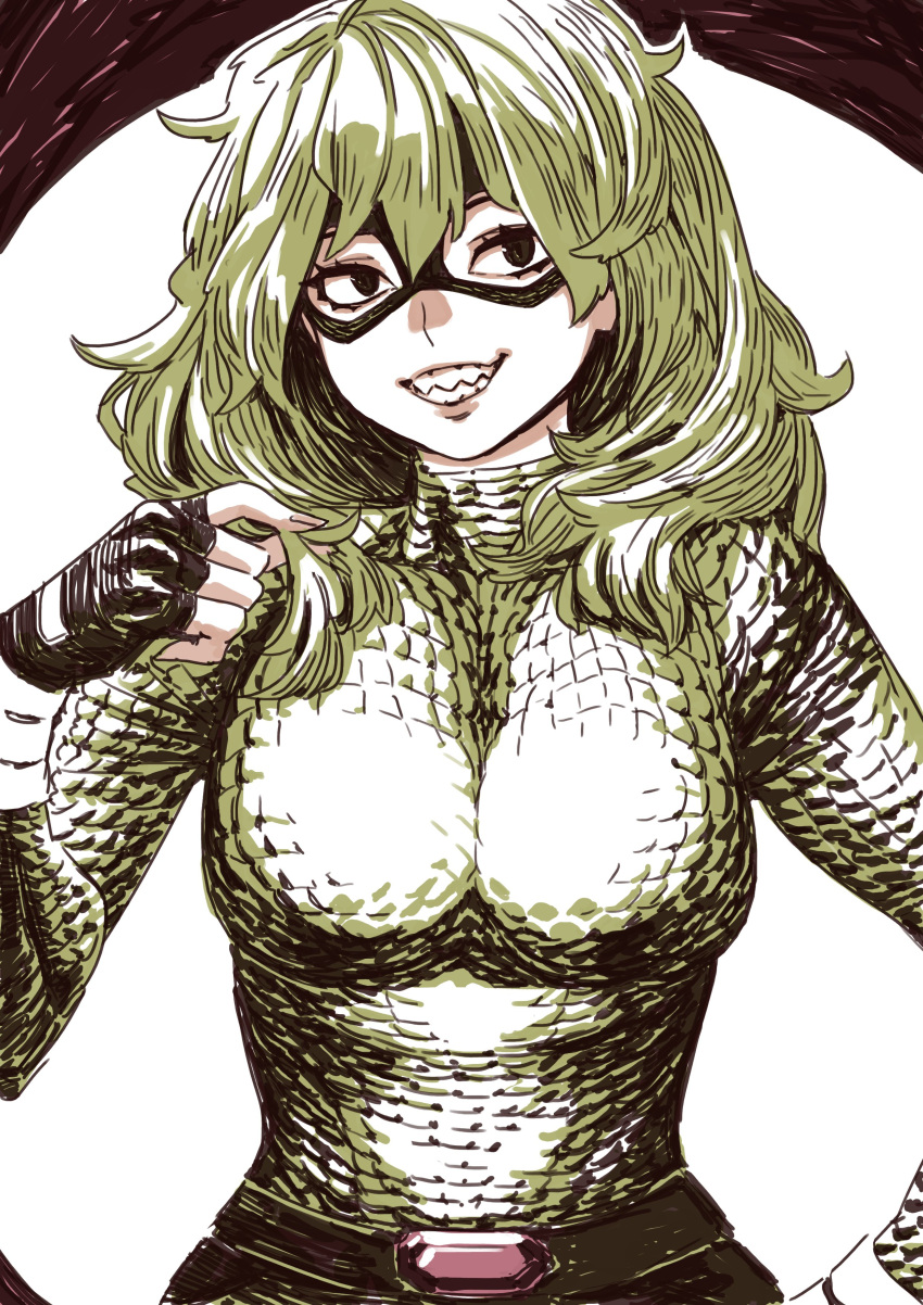 1girl absurdres archvermin bangs belt black_gloves bodysuit boku_no_hero_academia domino_mask fingerless_gloves gloves green_hair grin hair_between_eyes hand_on_hip hand_up head_tilt highres holding holding_hair lips long_hair long_sleeves looking_at_viewer mask sharp_teeth smile solo teeth tokage_setsuna turtleneck upper_body