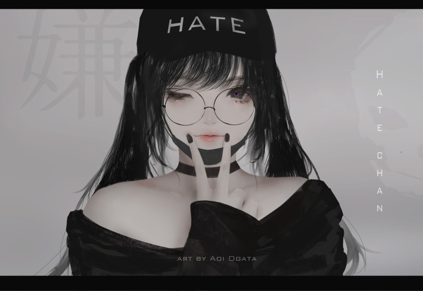 1girl aoi_ogata artist_name bare_shoulders baseball_cap black_choker black_hair black_hat black_nails black_shirt character_name choker clothes_writing commentary english_commentary fingernails glasses grey_eyes hat highres letterboxed long_hair long_sleeves looking_at_viewer nail_polish off-shoulder_shirt original round_eyewear shirt sidelocks sleeves_past_wrists solo surgical_mask twintails upper_body v