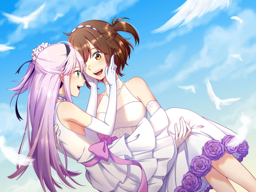 2girls blue_sky brown_hair carrying dress etou_kanami gloves highres holding long_hair multiple_girls pink_hair princess_carry ribbon short_hair side_ponytail sky smile toji_no_miko tsubakuro_yume wedding_dress yuri