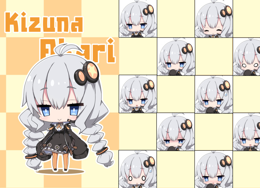 0_0 1girl :&lt; :d ^_^ antenna_hair bangs black_dress black_footwear black_jacket blue_eyes blush braid breasts character_name checkered checkered_background chibi closed_eyes closed_eyes closed_mouth commentary_request dress expressions eyebrows_visible_through_hair hair_between_eyes hair_ornament hand_up headset highres jacket kizuna_akari long_hair long_sleeves low_twintails medium_breasts milkpanda multiple_views nose_blush open_clothes open_jacket open_mouth orange_legwear pantyhose parted_lips shaded_face sleeves_past_fingers sleeves_past_wrists smile striped striped_legwear sweatdrop triangle_mouth twin_braids twintails v-shaped_eyebrows vertical-striped_legwear vertical_stripes very_long_hair voiceroid wide_sleeves