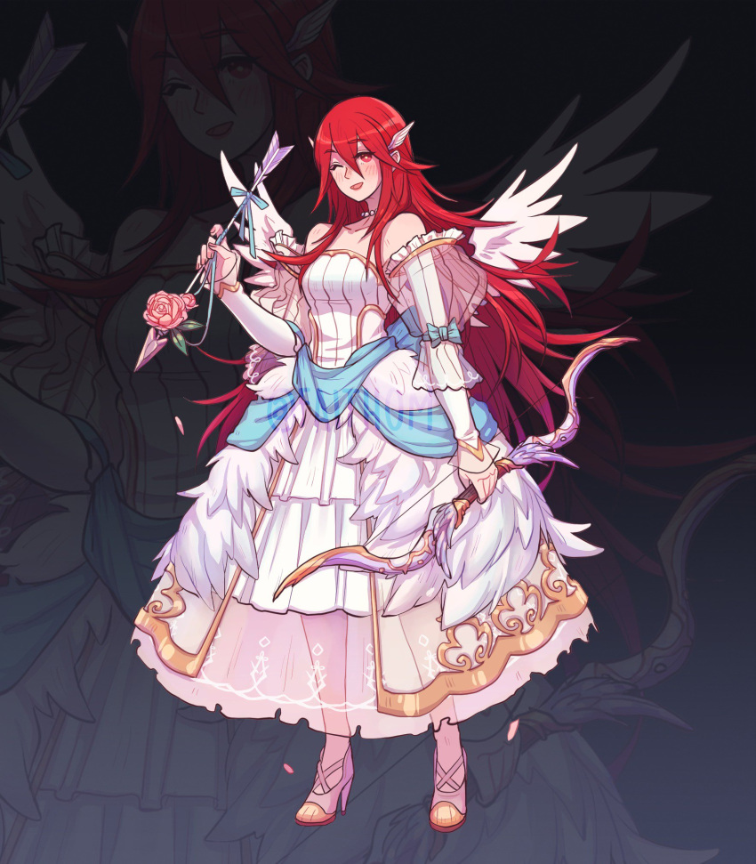 1girl arrow bow_(weapon) bride dress faithom fire_emblem fire_emblem:_kakusei fire_emblem_heroes full_body hair_ornament high_heels highres holding holding_arrow holding_bow_(weapon) holding_weapon long_hair nintendo one_eye_closed open_mouth red_eyes redhead see-through sleeveless sleeveless_dress solo standing cordelia_(fire_emblem) weapon wedding_dress white_dress wing_hair_ornament