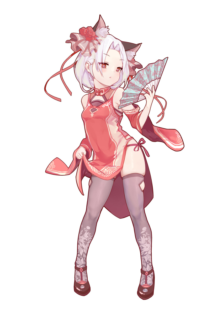 1girl absurdres animal_ears black_footwear cat_ears china_dress chinese_border chinese_clothes contrapposto detached_sleeves dress dress_lift fan floral_print flower folding_fan full_body grey_legwear hair_flower hair_intakes hair_ornament highres holding holding_fan knees legs parted_lips print_legwear red_dress red_eyes red_ribbon ribbon short_hair simple_background skindentation solo thigh-highs thighs tsurime vittorio_veneto_(zhan_jian_shao_nyu) white_background white_hair wide_sleeves wulifeng zhan_jian_shao_nyu