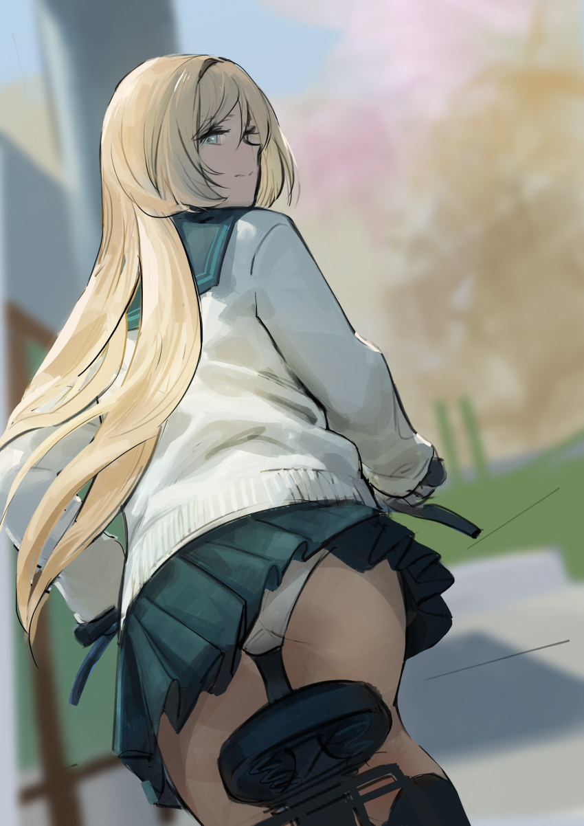 1girl absurdres alternate_costume an-94_(girls_frontline) bicycle bicycle_seat blonde_hair blue_eyes blurry blurry_background cardigan dokshuri feet_out_of_frame girls_frontline ground_vehicle hair_between_eyes hairband highres kneehighs long_hair long_sleeves looking_back panties pantyshot pleated_skirt riding school_uniform serafuku skirt solo underwear white_cardigan white_panties