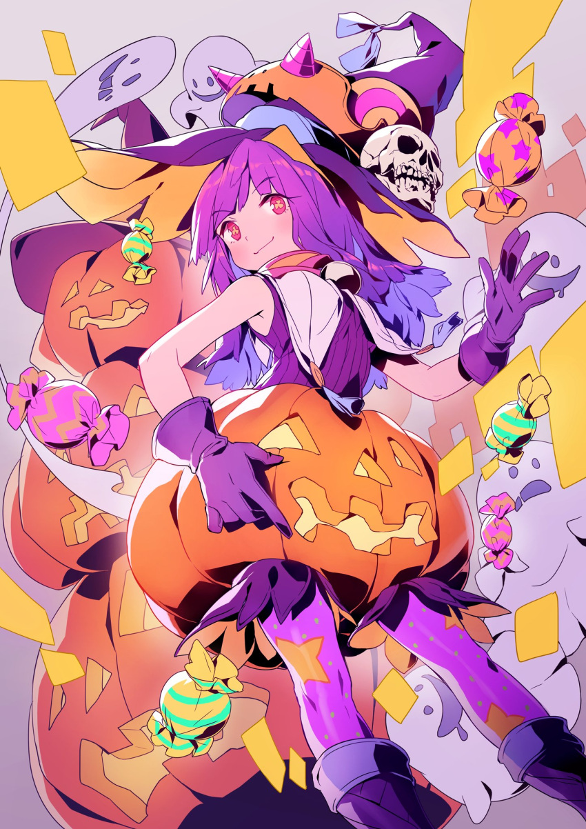 1girl bad_id bad_twitter_id candy closed_mouth eyebrows_visible_through_hair feet_out_of_frame food ghost gloves hand_up hat highres jack-o'-lantern lee_hyeseung long_hair looking_at_viewer original pantyhose pink_legwear pumpkin purple_gloves purple_hair purple_hat red_eyes skull smile solo witch_hat