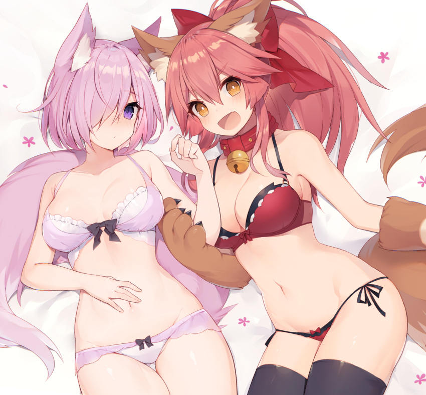 2girls :d animal_ear_fluff animal_ears bell bell_collar black_legwear blush bow bow_bra bow_panties bra breasts cleavage collar fang fox_ears fox_tail frilled_bra frills gloves hair_bow hair_over_one_eye kemonomimi_mode lavender_hair lingerie mash_kyrielight medium_breasts multiple_girls muryotaro open_mouth panties paw_gloves paws pink_hair ponytail red_bra short_hair side-tie_panties smile tail tamamo_(fate)_(all) tamamo_cat_(fate) thigh-highs underwear violet_eyes yellow_eyes