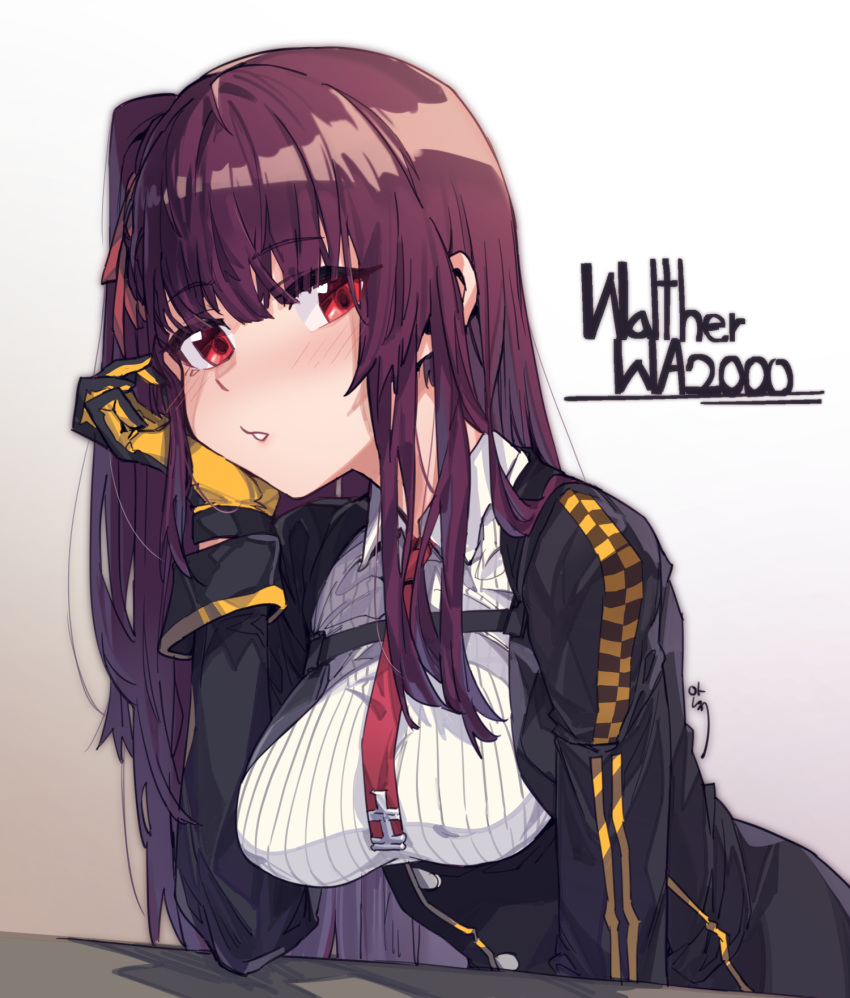 1girl aningay arm_support bangs black_jacket blush breasts brown_background brown_hair character_name checkered collared_shirt commentary eyebrows_visible_through_hair girls_frontline gloves gradient gradient_background hair_between_eyes head_tilt highres jacket leaning_forward long_hair long_sleeves looking_at_viewer medium_breasts parted_lips red_eyes ribbed_shirt shirt solo very_long_hair wa2000_(girls_frontline) white_background white_shirt yellow_gloves