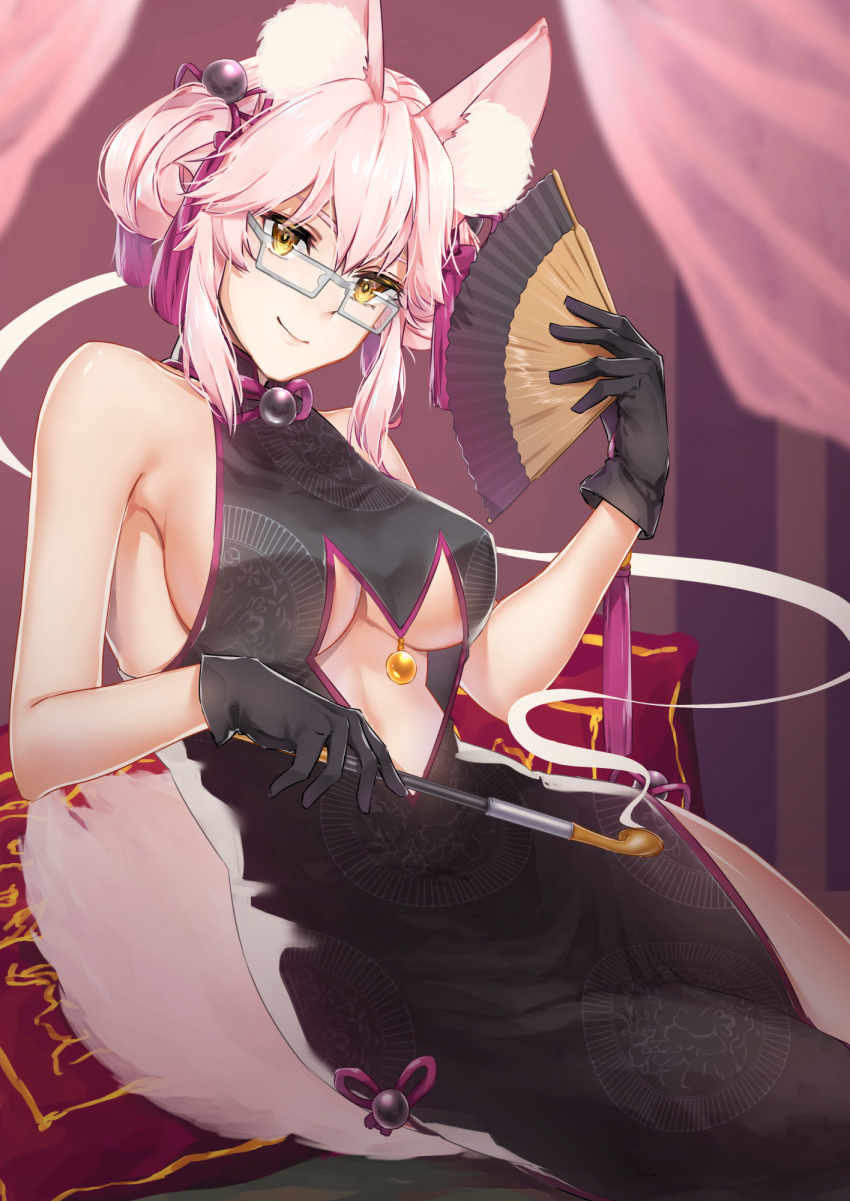 1girl animal_ears artist_request bangs bare_shoulders bell black_dress black_gloves breasts center_opening china_dress chinese_clothes closed_mouth dress fan fate/grand_order fate_(series) folding_fan fox_ears fox_tail glasses gloves hair_between_eyes highres jingle_bell koyanskaya large_breasts long_hair looking_at_viewer pink_hair pipe sidelocks sitting smile solo tail tassel thighs tied_hair under_boob yellow_eyes