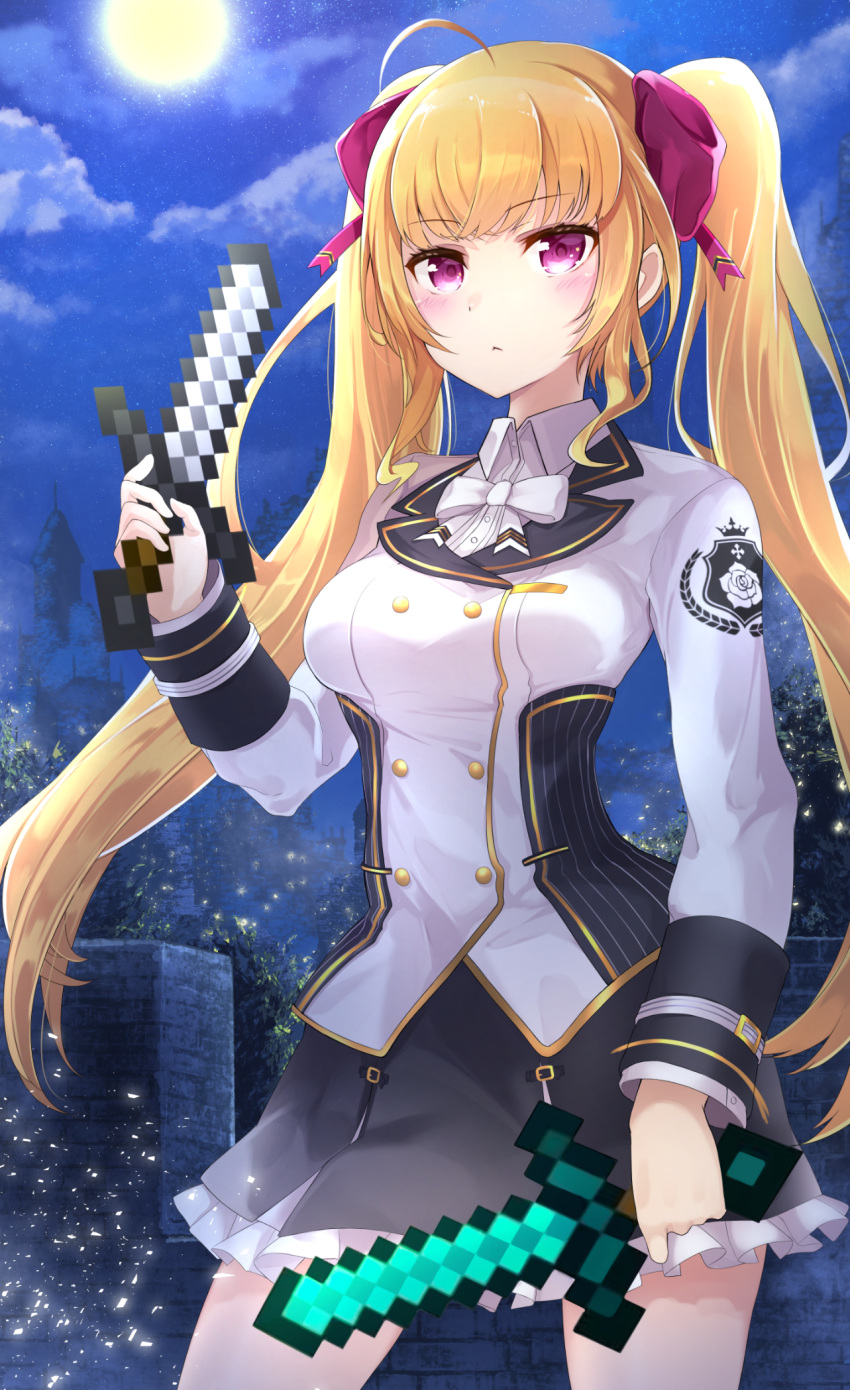 1girl :&lt; ahoge bangs black_skirt blazer blonde_hair bow breasts closed_mouth clouds cloudy_sky collared_shirt commentary_request date_(mamanonamaebot) dress_shirt dual_wielding eyebrows_visible_through_hair frilled_skirt frills full_moon hair_bow hand_up highres holding holding_sword holding_weapon jacket large_breasts long_hair long_sleeves minecraft moon night night_sky nijisanji outdoors pixelated pleated_skirt red_bow shirt sidelocks skirt sky solo star_(sky) starry_sky sword takamiya_rion tree twintails very_long_hair violet_eyes virtual_youtuber weapon white_bow white_jacket white_shirt