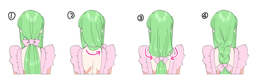 1girl alternate_hairstyle bow braid c.c. code_geass commentary_request creayus dress facing_away green_hair hair_bow highres long_hair multiple_views numbered pink_bow pink_dress simple_background white_background
