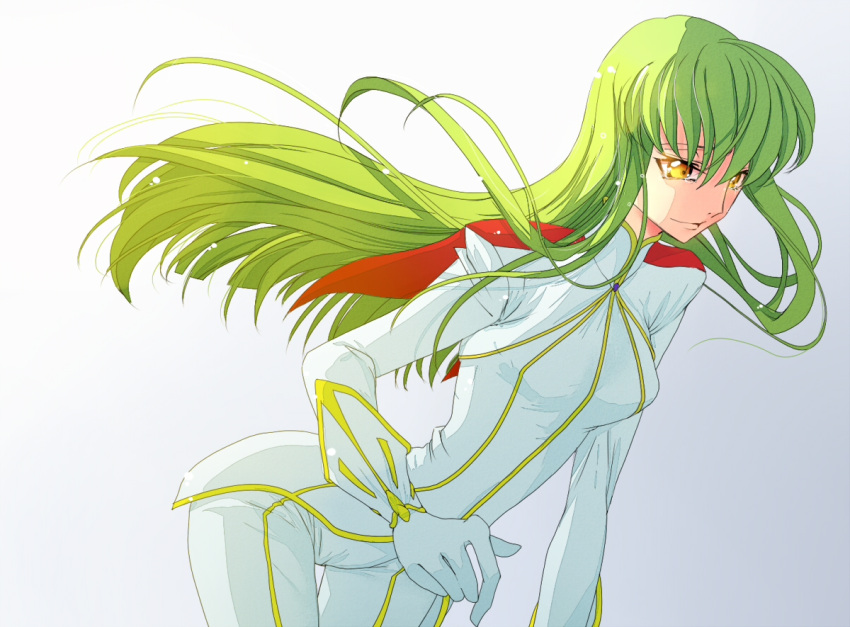 1girl breasts c.c. capelet code_geass cowboy_shot floating_hair gloves gradient gradient_background green_hair grey_background hair_between_eyes jacket long_hair long_sleeves medium_breasts pants red_capelet roman_buriki smile solo very_long_hair white_gloves white_jacket white_pants yellow_eyes