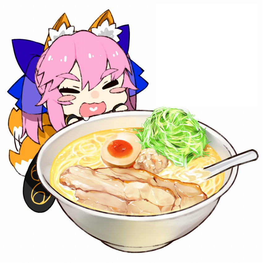 1girl :3 :d animal_ear_fluff animal_ears blue_ribbon bowl chibi closed_eyes eyebrows_visible_through_hair facing_viewer fate/extra fate/extra_ccc fate_(series) food food_request fox_ears fox_tail hair_ribbon heart heart_in_mouth highres kou_mashiro open_mouth pink_hair ribbon simple_background smile solo spoon tail tail_wagging tamamo_(fate)_(all) tamamo_no_mae_(fate) white_background