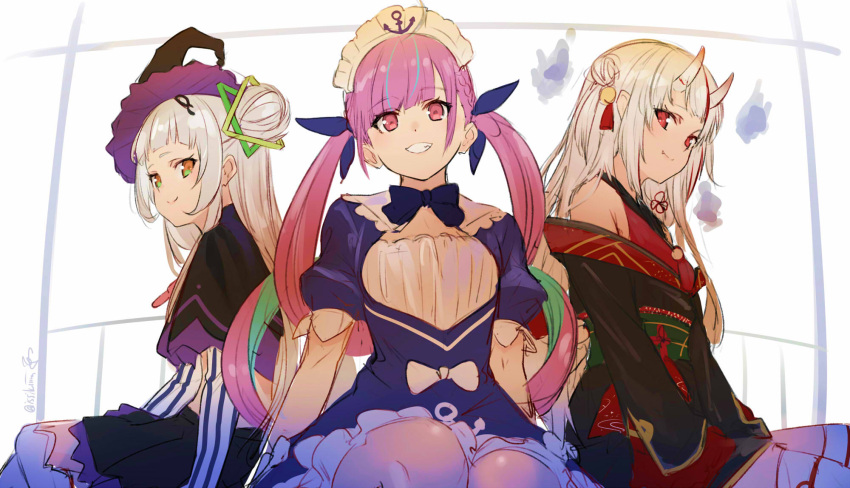 3girls ahoge anchor_symbol bangs bell black_capelet black_hat black_skirt blue_hair blunt_bangs capelet closed_mouth commentary eyebrows_visible_through_hair green_eyes grin hair_bell hair_bun hair_ornament hat highres hololive horns isshiki_(ffmania7) japanese_clothes long_hair long_sleeves looking_at_viewer maid maid_headdress midriff minato_aqua multicolored multicolored_eyes multicolored_hair multiple_girls murasaki_shion nakiri_ayame oni oni_horns puffy_short_sleeves puffy_sleeves purple_hair red_eyes ribbon short_sleeves shoulders silver_hair sitting sketch skirt smile star streaked_hair striped thigh-highs tilted_headwear twintails vertical_stripes violet_eyes virtual_youtuber witch_hat yellow_eyes