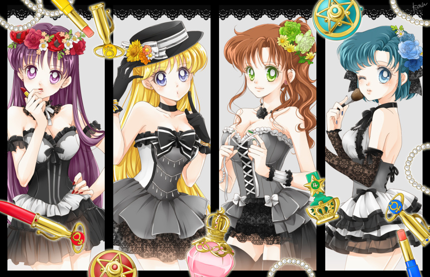 4girls :o aino_minako arm_strap bishoujo_senshi_sailor_moon black_bow black_gloves black_hair black_legwear black_skirt black_sleeves blonde_hair blue_eyes blue_flower blue_hair blue_nails blue_rose bow breasts brown_hair cleavage collarbone corset cowboy_shot detached_sleeves eyebrows_visible_through_hair flower gloves green_eyes green_flower green_nails green_rose hair_bow hair_flower hair_ornament hand_on_hip head_wreath high_ponytail hino_rei holding_lipstick index_finger_raised inner_senshi kino_makoto large_breasts layered_skirt lipstick long_hair long_sleeves looking_at_viewer makeup medium_breasts miniskirt mizuno_ami multiple_girls nail_polish one_eye_closed orange_flower purple_hair red_flower red_lips red_lipstick red_nails ribbon rose sarashina_kau see-through short_hair skirt sleeveless strapless sunflower thigh-highs very_long_hair white_bow white_ribbon yellow_flower zettai_ryouiki