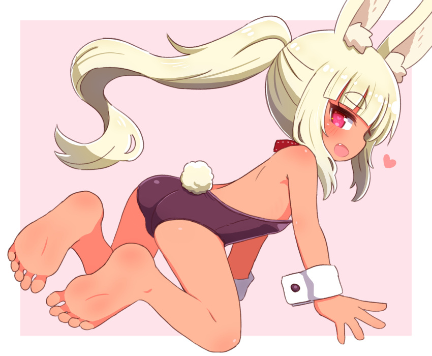 1girl :d animal_ear_fluff animal_ears ass bangs bare_legs bare_shoulders barefoot blonde_hair blunt_bangs blush eyebrows_visible_through_hair fang heart heart-shaped_pupils highres leotard long_hair looking_at_viewer looking_back masurao_2_(sekaiju) naga_u open_mouth pink_background ponytail profile purple_leotard rabbit_ears rabbit_girl rabbit_tail sekaiju_no_meikyuu sekaiju_no_meikyuu_5 short_eyebrows smile soles solo strapless strapless_leotard symbol-shaped_pupils tail thick_eyebrows two-tone_background very_long_hair violet_eyes white_background wrist_cuffs