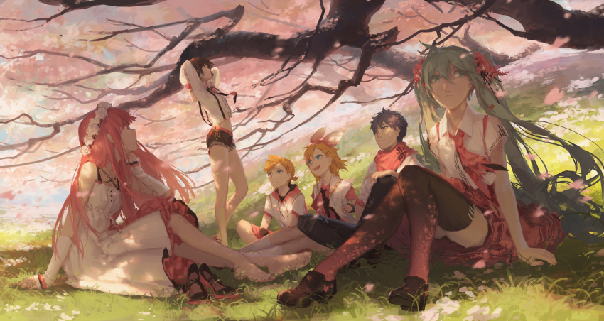 2boys 4girls alternate_costume aqua_eyes aqua_hair arms_behind_head barefoot blonde_hair blue_eyes bow branch breasts cherry_blossoms commentary cutoffs dappled_sunlight denim denim_shorts dress elbow_gloves fingerless_gloves flower frilled_skirt frills gloves grass hair_bow hair_flower hair_ornament hairclip hatsune_miku head_wreath highres hood hoodie kagamine_len kagamine_rin kaito long_hair looking_at_another looking_away looking_up megurine_luka meiko midriff multiple_boys multiple_girls navel necktie outdoors petals petticoat pink_eyes pink_hair sailor_collar scarf shade shoes_removed short_hair short_shorts shorts sitting skirt small_breasts smile spencer_sais sunlight suspender_shorts suspenders thigh-highs tree vocaloid white_dress wind