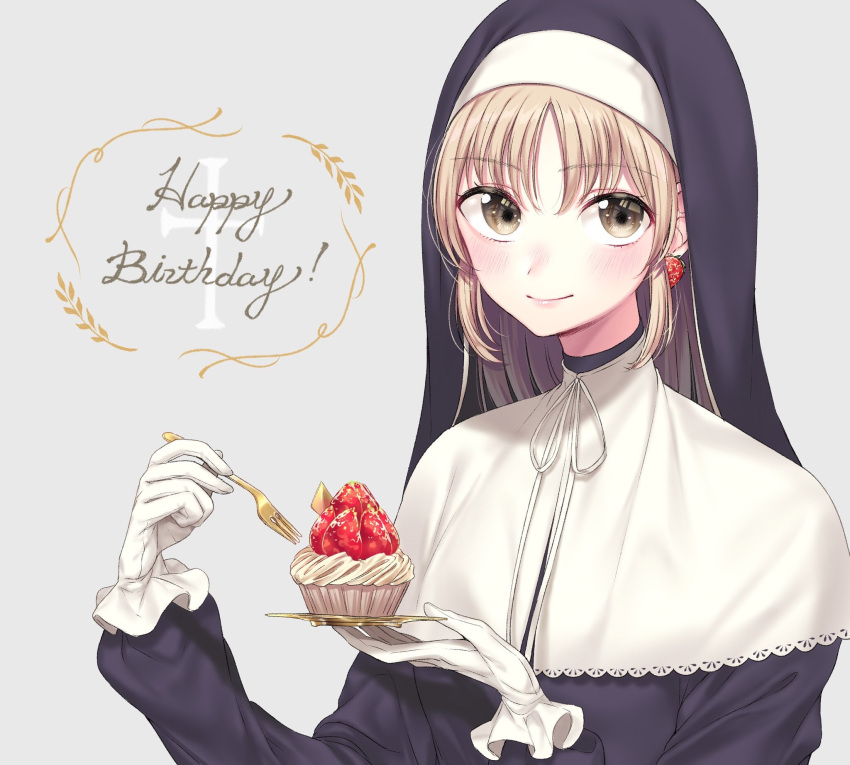 1girl bangs black_dress blush brown_eyes closed_mouth dress earrings eyebrows_visible_through_hair food fork fruit gloves grey_background habit hair_between_eyes hands_up happy_birthday highres holding holding_fork jewelry light_brown_hair long_hair long_sleeves nijisanji nun puffy_long_sleeves puffy_sleeves sister_cleaire smile solo strawberry umeno virtual_youtuber white_gloves