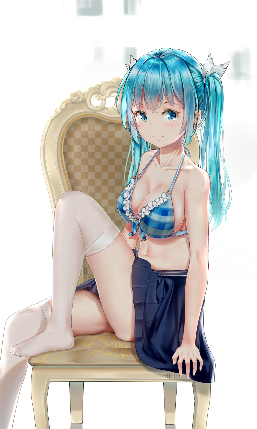 1girl absurdres aqua_hair bangs bare_arms bare_shoulders blue_bikini_top blue_eyes blue_skirt breasts chair checkered checkered_bikini_top cleavage collarbone halter_top halterneck hatsune_miku hbb highres knee_up large_breasts long_hair looking_at_viewer sidelocks simple_background sitting skirt solo thigh-highs twintails vocaloid white_background white_legwear
