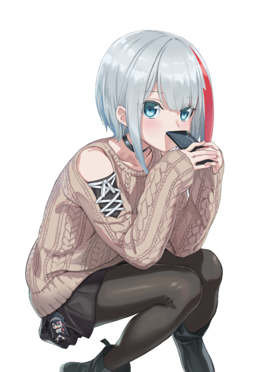 1girl admiral_graf_spee_(azur_lane) aran_sweater azur_lane bangs black_choker black_footwear black_skirt blue_eyes boots brown_legwear brown_sweater cellphone charm_(object) choker collarbone commentary_request covered_mouth deutschland_(azur_lane) eyebrows_visible_through_hair hair_between_eyes hands_up highres holding holding_cellphone holding_phone long_sleeves looking_at_viewer multicolored_hair own_hands_together pantyhose phone pleated_skirt redhead shoulder_cutout silver_hair simple_background skirt sleeves_past_wrists solo streaked_hair sweater tuchinokoeffect white_background