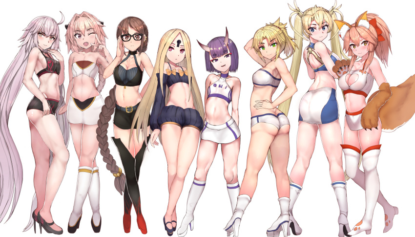 1boy 6+girls abigail_williams_(fate/grand_order) absurdly_long_hair animal_ear_fluff animal_ears arm_up ass astolfo_(fate) bangs bare_arms bare_shoulders black_footwear black_shorts black_sleeves blonde_hair blue_eyes blush boots bow bradamante_(fate/grand_order) braid breasts brown_eyes cleavage cleavage_cutout closed_mouth collarbone commentary_request consort_yu_(fate) covered_nipples crop_top detached_sleeves eyebrows_visible_through_hair fang fate/grand_order fate_(series) fox_ears fox_girl fox_tail from_behind full_body gloves green_eyes hair_between_eyes hair_bow halterneck head_tilt high_heel_boots high_heels high_ponytail highres horns jeanne_d'arc_(alter)_(fate) jeanne_d'arc_(fate)_(all) keyhole knee_boots large_breasts light_brown_hair long_hair long_sleeves looking_at_viewer looking_back medium_breasts midriff miniskirt mordred_(fate) mordred_(fate)_(all) multiple_girls navel one_eye_closed oni oni_horns otoko_no_ko parted_bangs parted_lips paw_gloves paws pink_hair ponytail puffy_long_sleeves puffy_shorts puffy_sleeves purple_hair racequeen red_bow red_eyes shirt shoes short_eyebrows short_shorts shorts shoulder_blades shuten_douji_(fate/grand_order) sidelocks sikijou77o silver_hair simple_background single_braid skirt small_breasts smile tail tamamo_(fate)_(all) tamamo_cat_(fate) thick_eyebrows thigh-highs thigh_boots v very_long_hair violet_eyes white_background white_footwear white_legwear white_shirt white_skirt