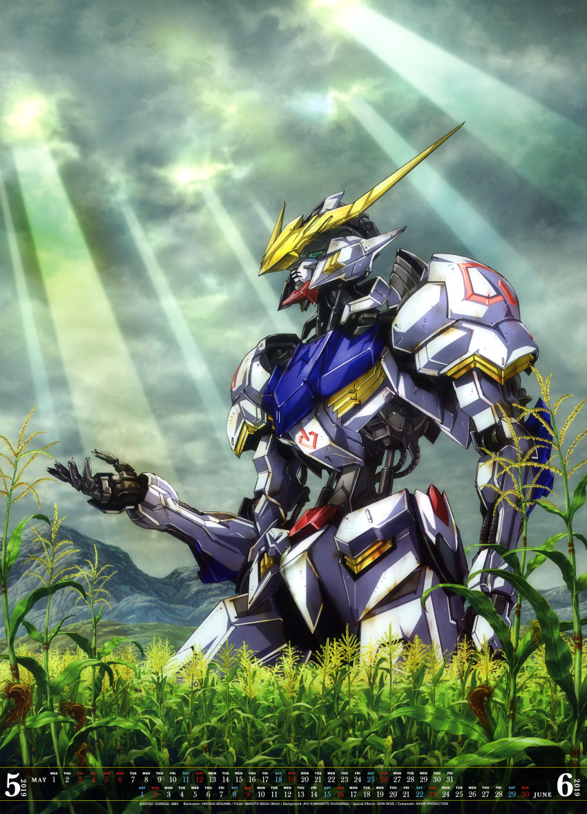 absurdres arisawa_hiroshi clouds cloudy_sky corn_field green_eyes gundam gundam_barbatos gundam_tekketsu_no_orphans highres mecha mountain no_humans official_art outdoors plant sky solo sunlight