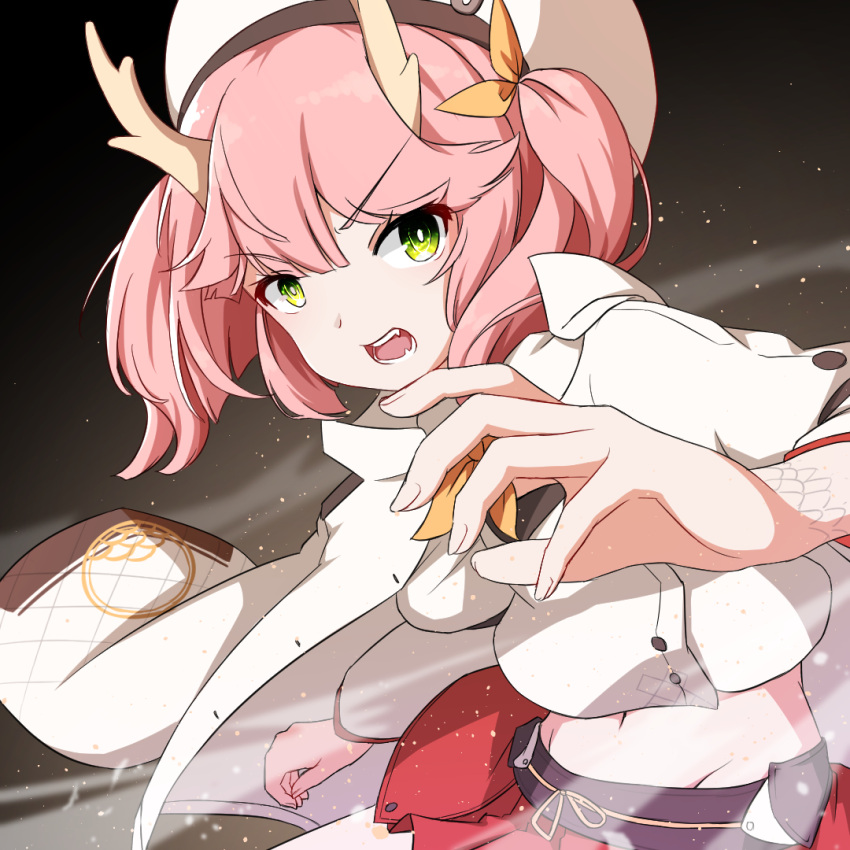 1girl azur_lane dragon_girl dragon_horns dragon_tail fang fangs green_eyes hakama_skirt horns japanese_clothes midriff navel open_mouth pink_hair ryuujou_(azur_lane) short_hair skirt solo tail winterfall_(artenh)