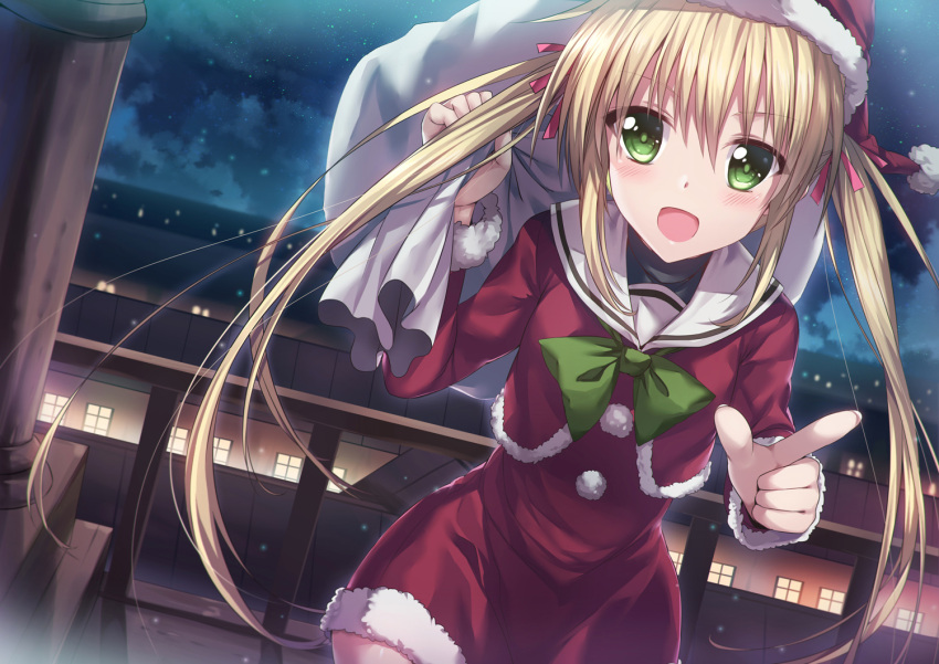 1girl :d bangs blonde_hair blush bodysuit bow bowtie building christmas clouds cloudy_sky commission cowboy_shot cropped_jacket dress dutch_angle fur-trimmed_jacket fur-trimmed_sleeves fur_trim green_eyes green_neckwear hair_ribbon hand_up hat hayate_no_gotoku! holding holding_sack jacket long_hair long_sleeves looking_at_viewer luzi night night_sky open_mouth outdoors pointing pointing_at_viewer pom_pom_(clothes) railing red_dress red_hat red_jacket red_ribbon ribbon sack sailor_collar santa_costume santa_hat sanzen'in_nagi sky smile solo star_(sky) starry_sky tareme twintails very_long_hair white_sailor_collar