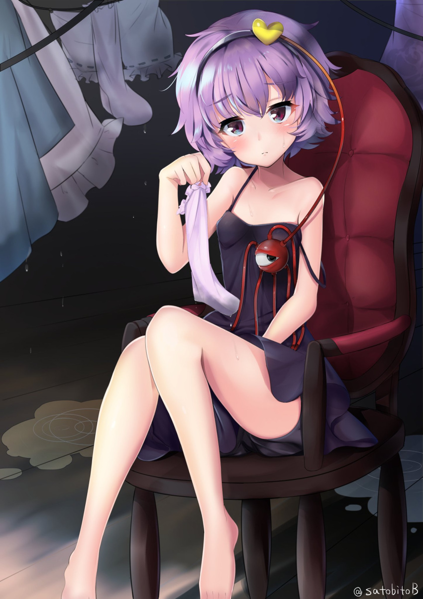 1girl alternate_costume bangs bare_arms bare_legs bare_shoulders barefoot black_dress black_hairband bloomers blush chair closed_mouth collarbone commentary_request dress drying drying_clothes eyebrows_visible_through_hair hairband hand_up head_tilt heart highres holding holding_socks komeiji_satori looking_at_viewer purple_hair satobitob short_hair sitting solo spaghetti_strap strap_slip sweatdrop third_eye touhou twitter_username underwear violet_eyes water water_drop wet wet_clothes wooden_floor