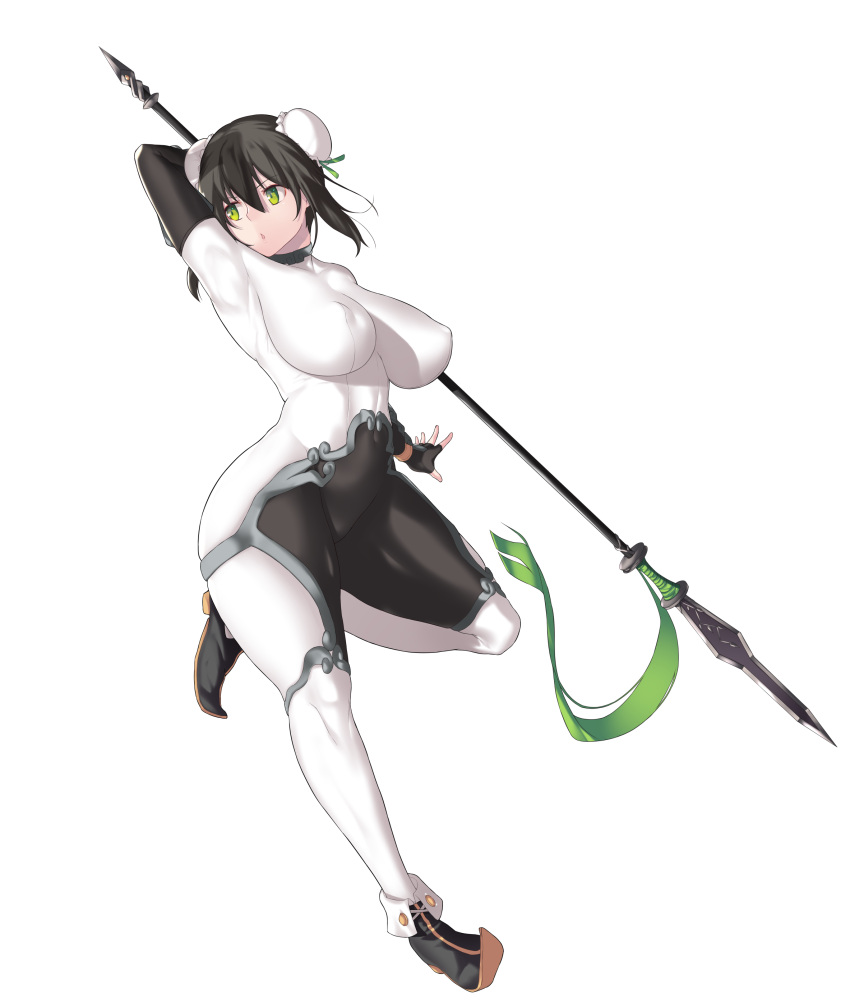 1girl :o absurdres aster_crowley black_footwear black_hair bodysuit breasts bun_cover chinese_clothes covered_nipples double_bun fate/grand_order fate_(series) fingerless_gloves full_body gloves green_eyes hair_between_eyes highres large_breasts looking_back polearm qin_liangyu_(fate) sidelocks simple_background solo spear standing standing_on_one_leg thick_thighs thighs weapon white_background