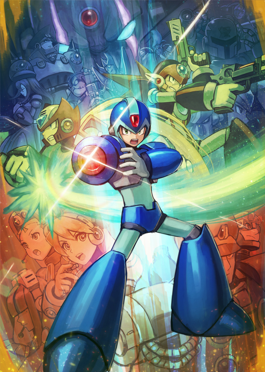 4girls 6+boys agile_(rockman_x) alia_(rockman) android arm_cannon axl beam_saber blonde_hair brown_hair capcom clenched_teeth colonel commentary_request douglas_(rockman_x) dr.doppler dynamo energy_blade energy_sword everyone forehead_jewel gate_(rockman) gloves green_eyes gun headset helmet highres holding holding_gun holding_weapon iris_(rockman_x) kuroi_susumu layer lumine multiple_boys multiple_girls open_mouth palette_(rockman) red_(rockman_x7) rockman rockman_x sage_(rockman_x) sigma signas sword teeth vava violen weapon x_(rockman) zero_(rockman)