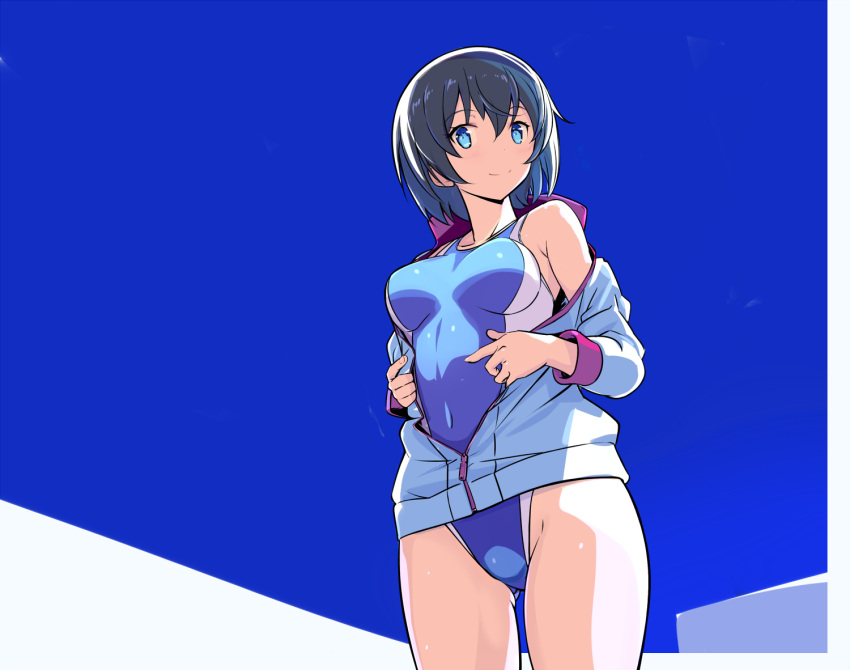 black_hair blue_eyes breasts breasts_apart competition_swimsuit eyebrows_visible_through_hair highleg highleg_swimsuit hood hood_down hooded_jacket jacket looking_at_viewer medium_breasts off_shoulder one-piece_swimsuit original sakuraidai short_hair simple_background smile standing swimsuit