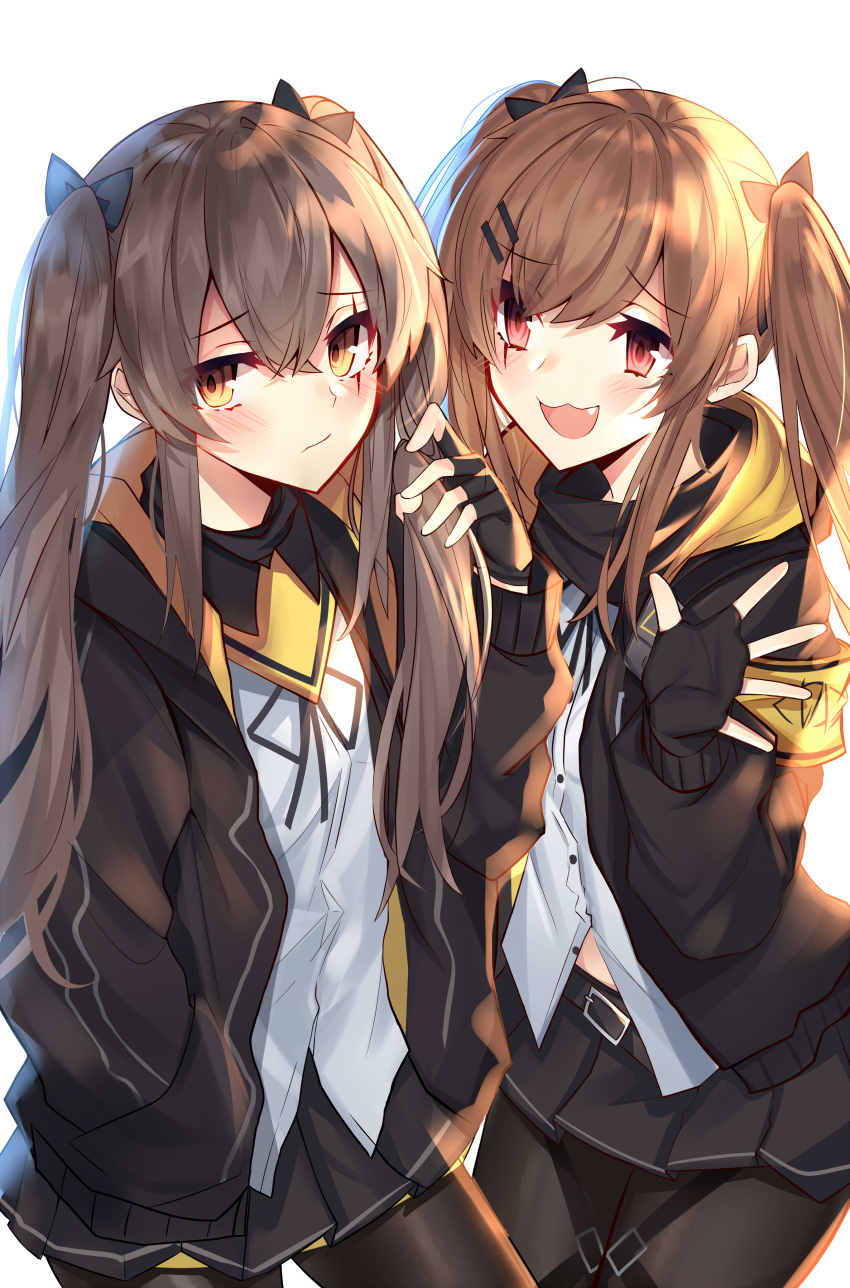 2girls :3 :d absurdres alternate_hairstyle bangs belt belt_buckle black_gloves black_jacket black_legwear black_neckwear black_ribbon black_scarf black_skirt blush brown_hair buckle buttons closed_mouth collared_shirt cowboy_shot dress_shirt embarrassed eyebrows_visible_through_hair fang fingerless_gloves girls_frontline gloves hair_ornament hair_ribbon hairclip hand_in_pocket hand_up highres holding holding_hair hood hooded_jacket jacket leg_belt long_hair long_sleeves looking_at_another looking_away miniskirt multiple_girls neck_ribbon open_clothes open_jacket open_mouth pantyhose pleated_skirt red_eyes ribbon scar scar_across_eye scarf shirt sidelocks silver_hair simple_background skirt smile standing twintails ump45_(girls_frontline) ump9_(girls_frontline) white_background white_shirt yanggang yellow_eyes