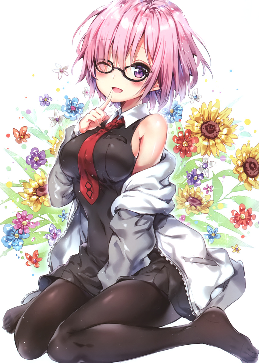 1girl absurdres bangs between_legs black_dress black_legwear blush breasts cute dress eyebrows_visible_through_hair fate/grand_order fate_(series) finger_to_mouth floral_background full_body hair_over_one_eye hand_between_legs highres hood hoodie index_finger_raised large_breasts looking_at_viewer mash_kyrielight moe necktie one_eye_closed open_clothes open_hoodie open_mouth pantyhose pink_hair red_neckwear riichu scan shielder_(fate/grand_order) short_dress short_hair sitting sleeveless sleeveless_dress smile solo twitter_username violet_eyes wariza wink