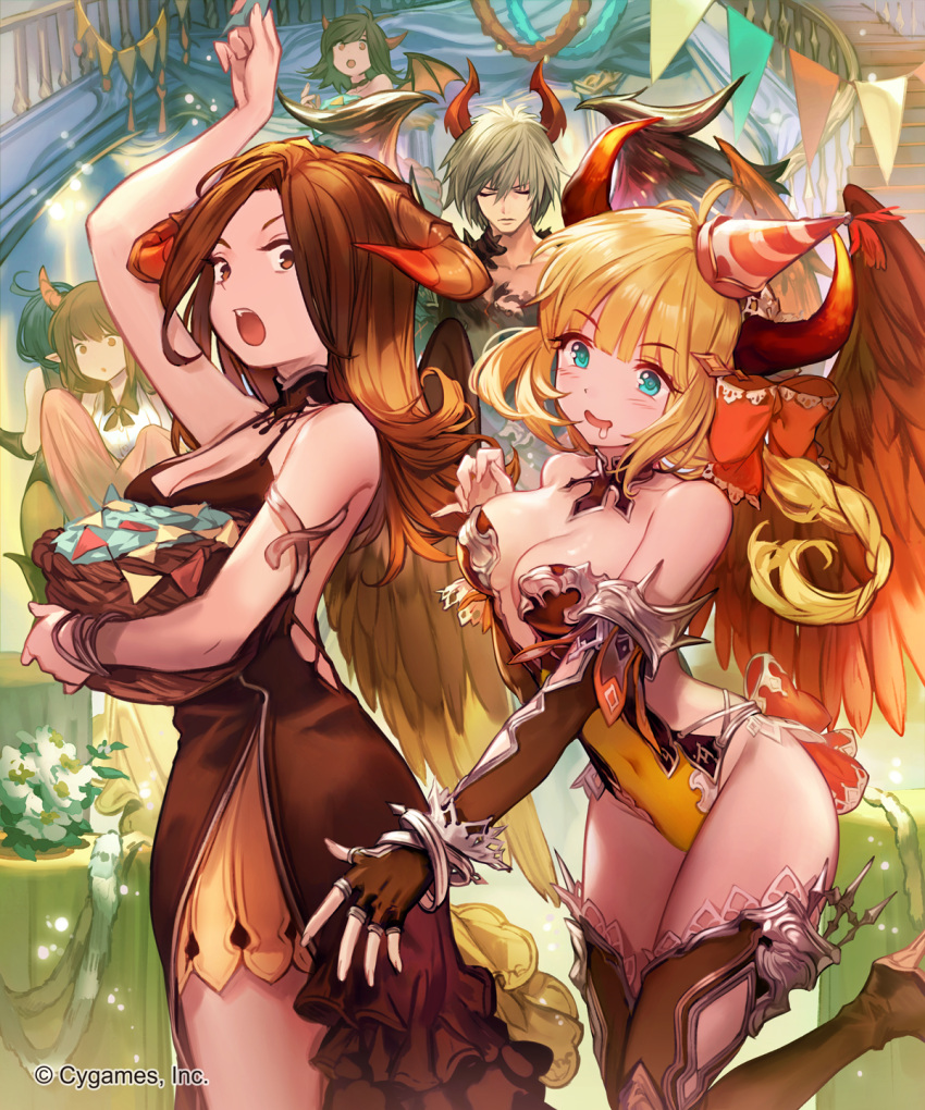 1boy 2girls bangs blonde_hair blue_eyes blush bow braid breasts brown_eyes brown_hair cake character_request cleavage covered_navel demon_girl dress elbow_gloves eyebrows_visible_through_hair feathered_wings fingerless_gloves food fruit gloves hair_bow hand_up hat high_heels highres horn_bell horn_ornament horns large_breasts lee_hyeseung leotard multiple_girls official_art open_mouth party party_hat red_bow shingeki_no_bahamut smile strawberry string_of_flags thigh-highs violet_eyes watermark wide-eyed wings