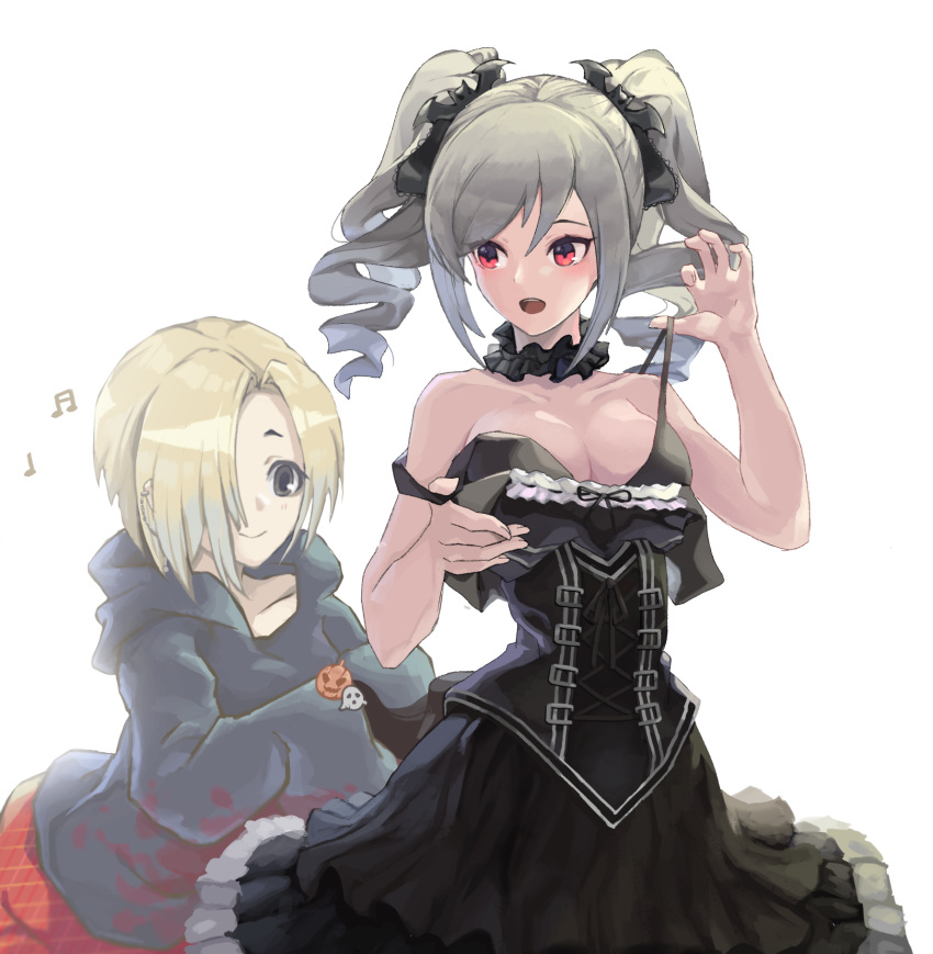 2girls black_bow black_bra black_eyes black_ribbon black_skirt black_sweater blonde_hair bow bra breasts choker cleavage collarbone corset drill_hair gimnang grey_hair hair_between_eyes hair_bow highres hood hood_down hooded_sweater idolmaster idolmaster_cinderella_girls kanzaki_ranko long_hair medium_breasts multiple_girls musical_note open_mouth pumpkin red_eyes red_skirt ribbon shirasaka_koume short_hair simple_background skirt sleeves_past_wrists smile sweater twin_drills twintails underwear white_background