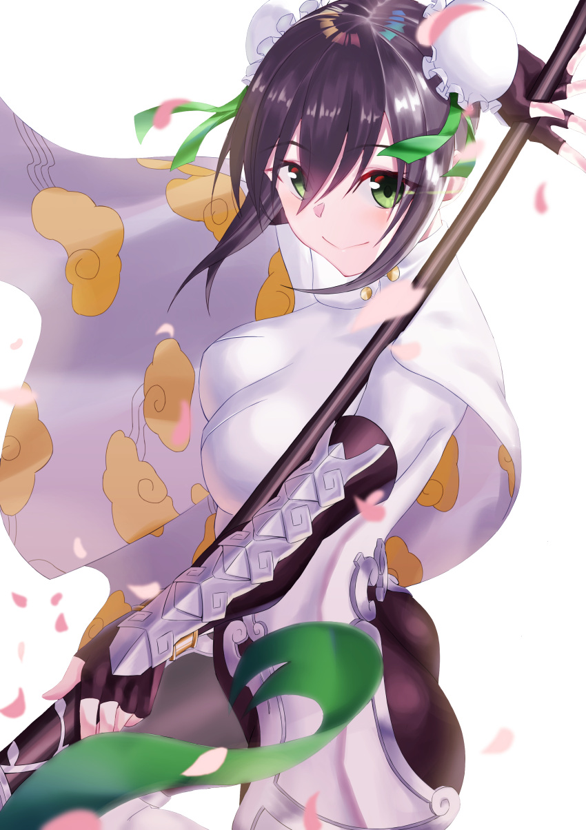 1girl absurdres arm_behind_back arm_guards bangs black_gloves black_hair bodysuit breasts bun_cover cape chinese_clothes colored_eyelashes double_bun eyebrows_visible_through_hair fate/grand_order fate_(series) fingerless_gloves gloves green_eyes highres holding holding_weapon medium_breasts petals polearm qin_liangyu_(fate) sidelocks skin_tight smile solo spear standing thighs user_yjmv4437 weapon white_background white_cape