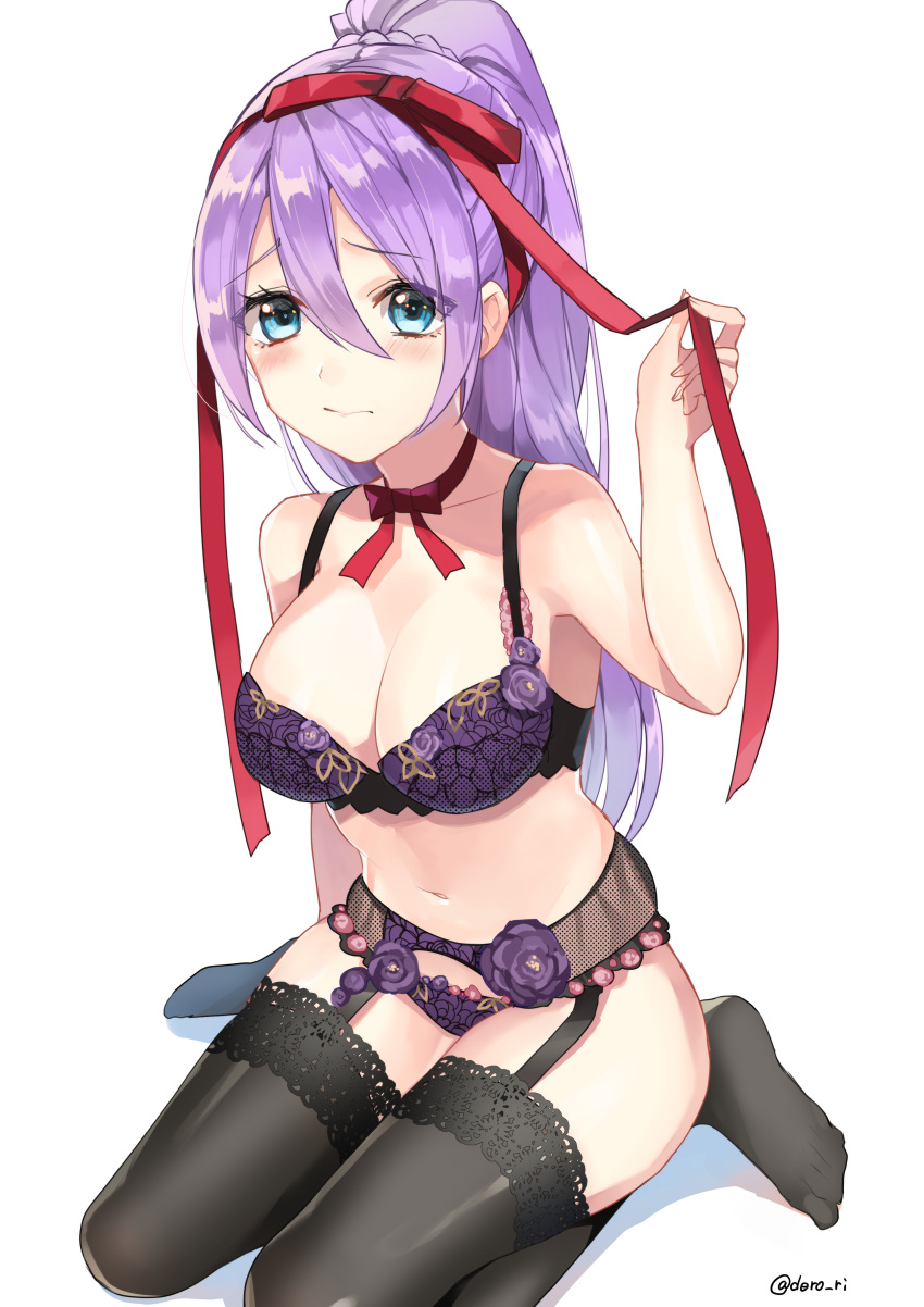 1girl absurdres arm_at_side bangs black_legwear blue_eyes blush bra braid breasts cleavage closed_mouth collarbone commentary_request derori eyebrows_visible_through_hair eyelashes french_braid full_body garter_belt garter_straps hair_between_eyes hair_ribbon hand_up highres holding holding_ribbon lace lace-trimmed_thighhighs large_breasts legs lingerie long_hair looking_at_viewer midriff navel neck_ribbon original panties ponytail purple_bra purple_hair purple_panties red_neckwear red_ribbon ribbon sidelocks simple_background sitting solo stomach thigh-highs twitter_username underwear underwear_only wariza white_background