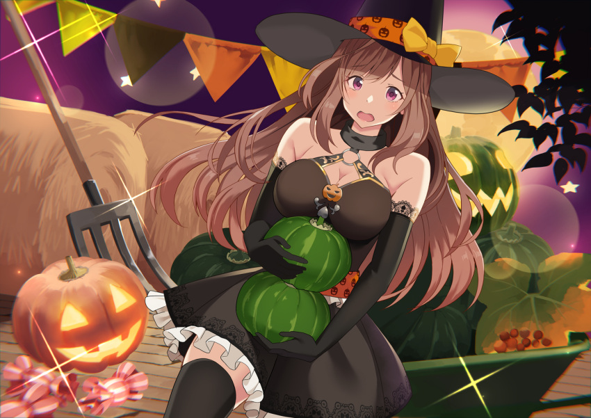 1girl :o armpit_crease bangs bare_shoulders black_gloves black_hat black_legwear black_shirt black_skirt blush bow breasts brown_hair candy_wrapper cleavage commentary_request diffraction_spikes elbow_gloves eyebrows_visible_through_hair frilled_skirt frills full_moon gloves halloween halloween_costume halterneck hat hat_bow hay holding idolmaster idolmaster_shiny_colors jack-o'-lantern jack-o'-lantern_print large_breasts long_hair looking_at_viewer miniskirt moon open_mouth pumpkin rake shirt sidelocks skirt sleeveless sleeveless_shirt solo star tareme thigh-highs tomato_(madanai_the_cat) tree_branch tsukioka_kogane violet_eyes witch_hat yellow_bow zettai_ryouiki
