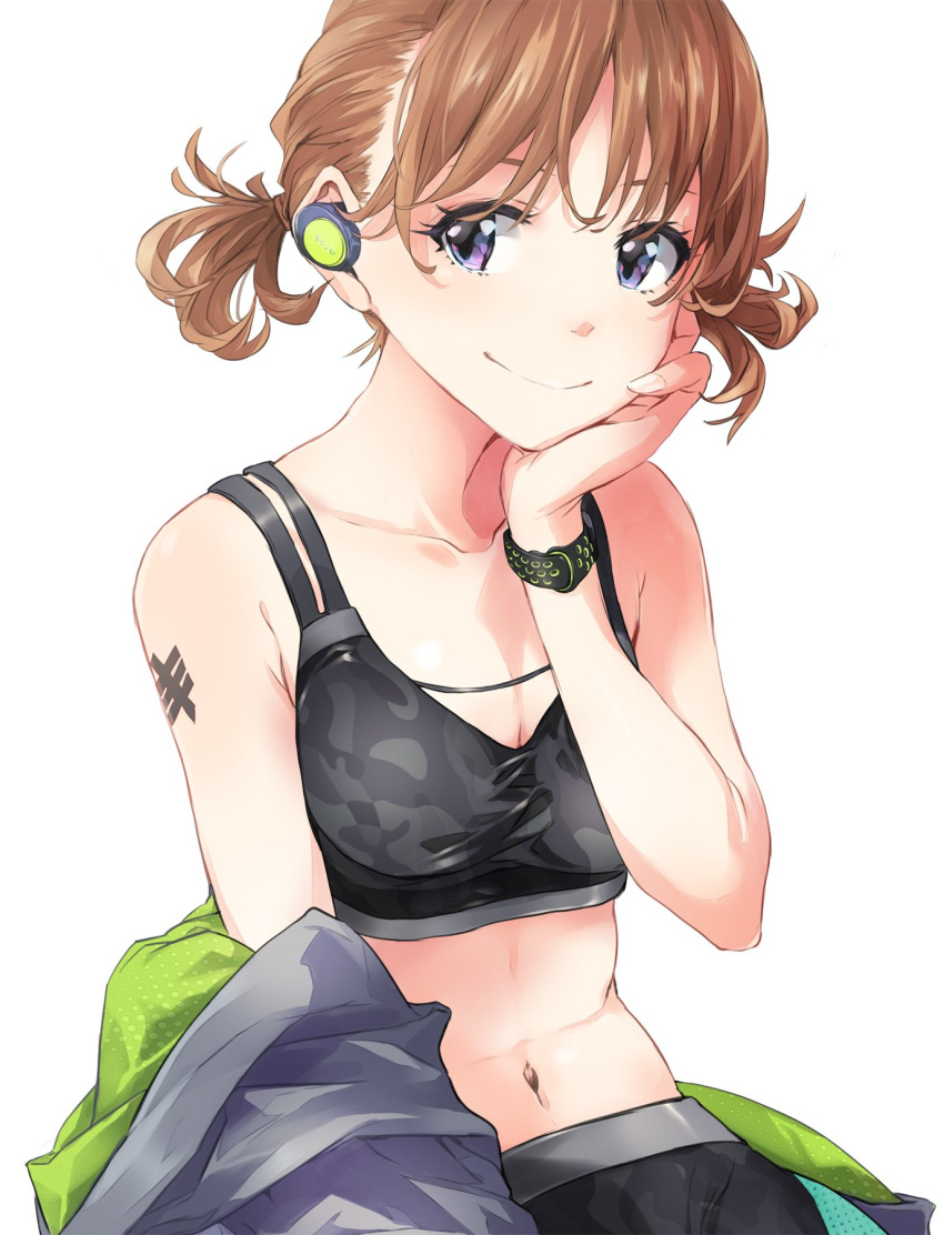 1girl black_eyes black_sports_bra breasts brown_hair character_request cleavage collarbone copyright_request earphones hand_on_own_chin highres jacket midriff short_hair shoulder_tattoo simple_background sitting small_breasts smile solo sports_bra tattoo twintails watch watch white_background yoshito