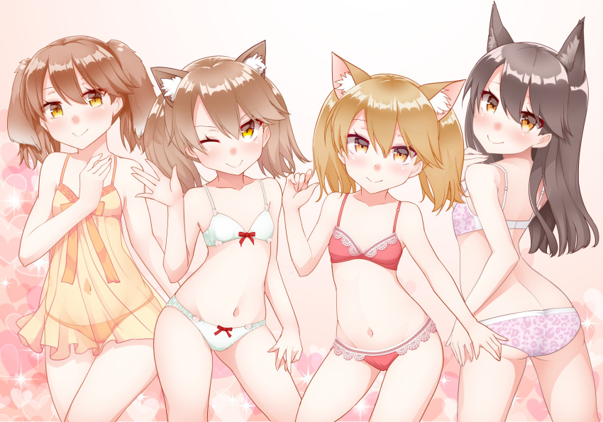 4girls ;) animal_ear_fluff animal_ears ass babydoll bangs bare_arms bare_shoulders blush bow bow_bra bow_panties bra breasts brown_eyes brown_hair chemise closed_mouth collarbone commentary_request contrapposto eyebrows_visible_through_hair fingernails groin hair_between_eyes hand_up head_tilt heart highres kantai_collection kirigakure_(kirigakure_tantei_jimusho) light_brown_hair multiple_girls multiple_persona navel one_eye_closed orange_panties panties pink_bra pink_panties print_bra print_panties red_bra red_panties ryuujou_(kantai_collection) see-through small_breasts smile sparkle strangling twintails underwear underwear_only white_bra white_panties