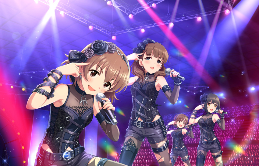 blush brow_hair brown_eyes dress group hinako_kita idolmaster idolmaster_cinderella_girls idolmaster_cinderella_girls_starlight_stage microphone sakuma_mayu short_hair singing